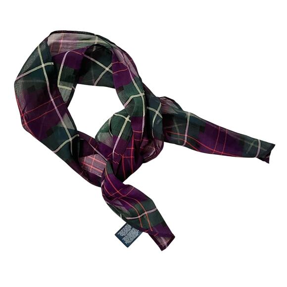 Polo Ralph Lauren Purple Green Tartan Plaid Chiffon Wingtip Scarf - Picture 7 of 7